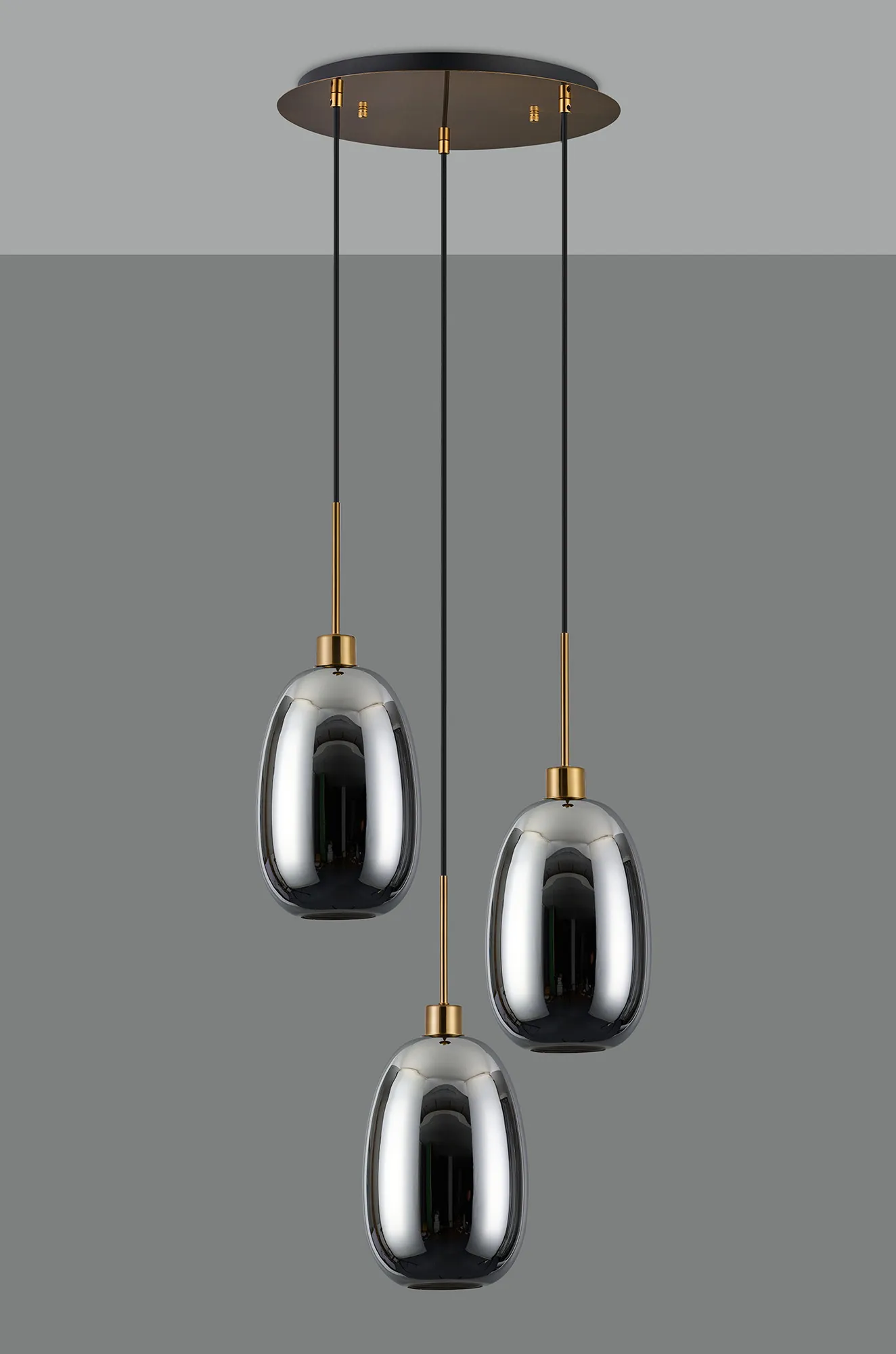 Lori 40cm Round Pendant, 3 Light Adjustable E27, Antique Gold/Chrome Slim Curved Trapezium Shades DK1174  Deco Lori Antique Gold